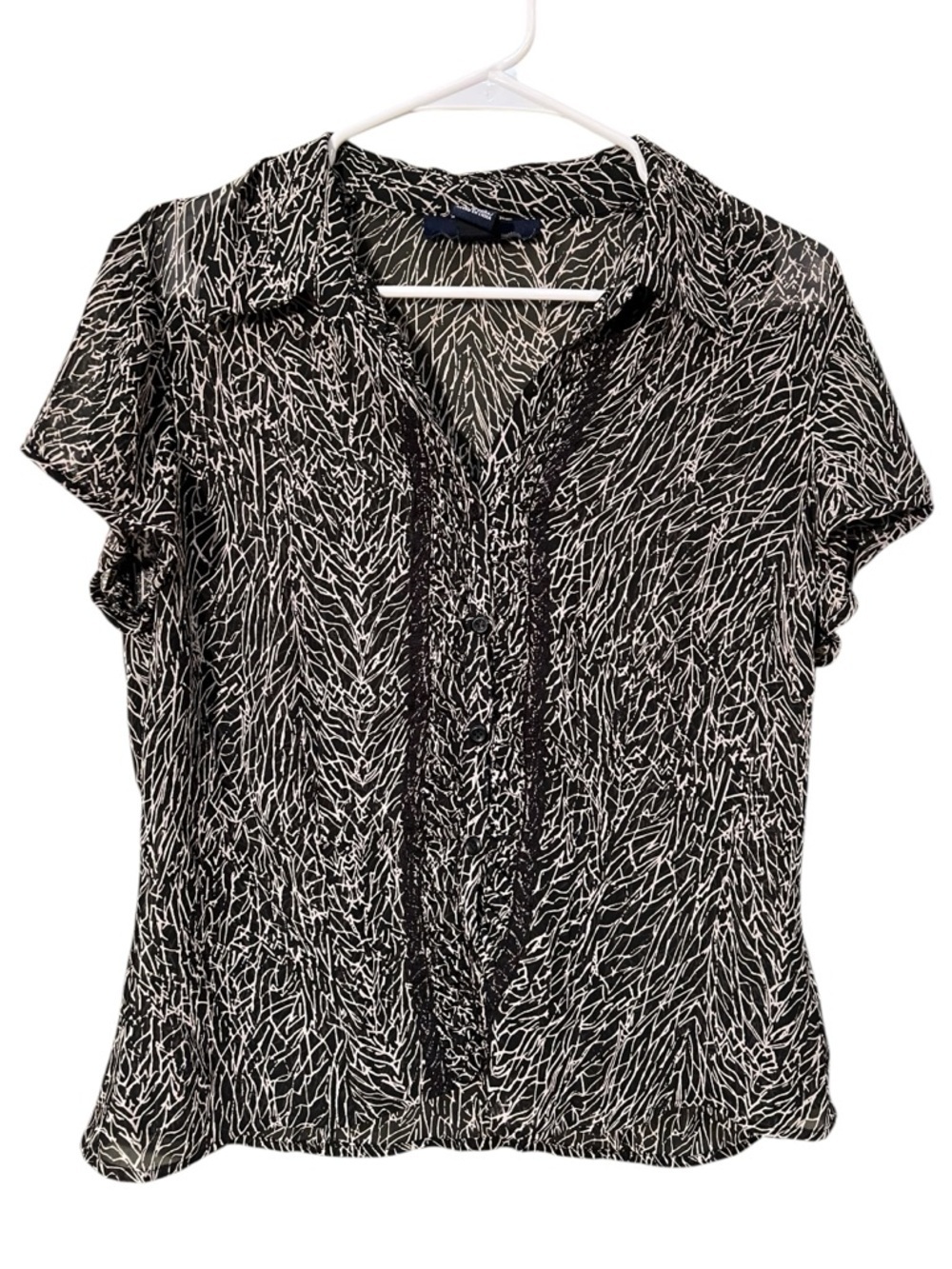 Jones Wear Women's Size 12 Sheer Button Down Blouse Brown White Geometric Lace
